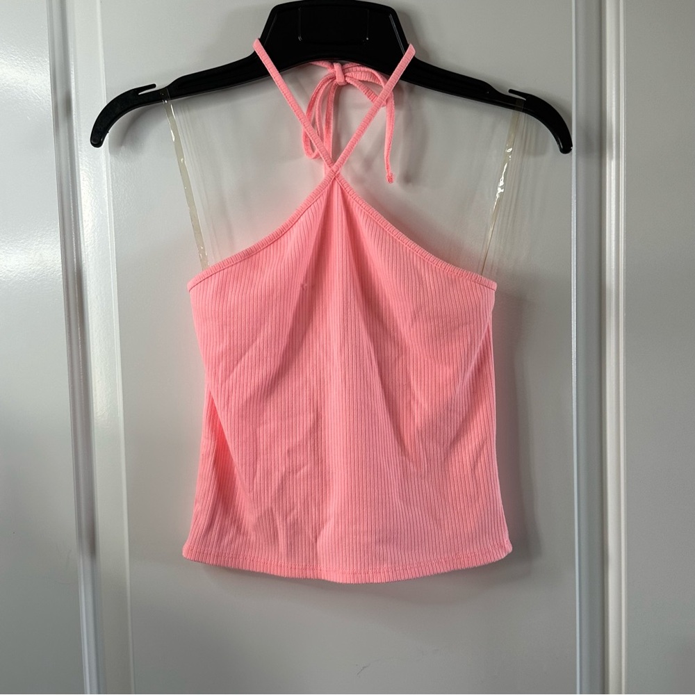 Heart & Hips Taffy Pink Halter Ribbed Knit Top | Small